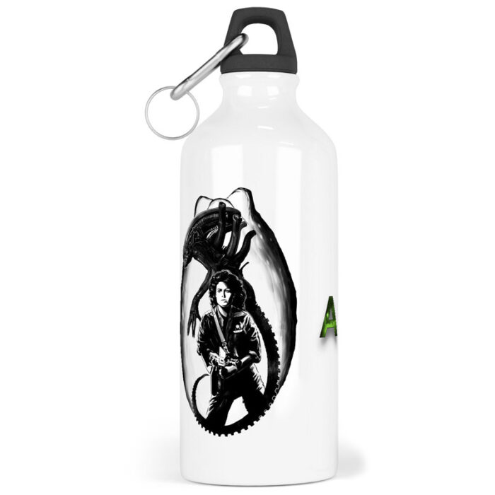 “Botella de aluminio reciclable con diseño artístico de Alien y Ripley”.